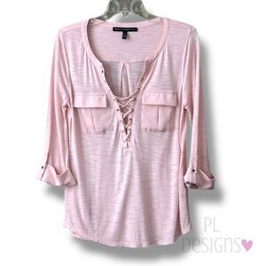 White House Black Market Top Cuffed Sleeves 3/4 Faux Lace Pink